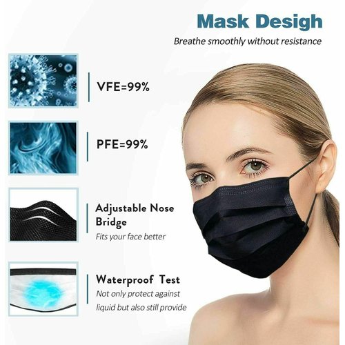 Premium Disposable Face Mask Black Safety Breathable Anti-Dust Mask Mascara Facial for Personal Care Protection (1 Pack Of Black Adult 50 Pcs)