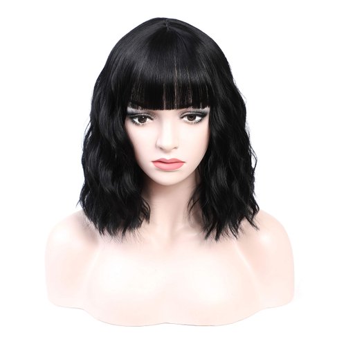 SHINYSHOW Black Wigs 14'' Women's Party Wig Short Wavy Wig with Bangs Synthetic Halloween Cosplay Wig Average Size