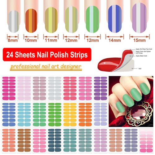 DANNEASY 24 Sheets Light Color Nail Polish Stickers Full Nail Wraps for Women Young Girl Self Adhesive Nail Polish Strips Gel Fingernail Sticker Nails with Nail File, Cuticle Stick