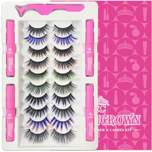 7C SEVENCROWN Color Magnetic Eyelashes Colored Eyelashes for Halloween Party Cosplay Makeup Kit,Magnetic Lashes with Eyeliner, Wispy Cat-Eye Look 18-21MM Fake Eyelash MIX 10 Pairs Cruelty-Free & Vegan