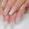 ANDGING Ombre White Press on Nails Coffin Medium Length Fake Nails with Glue Acrylic Glitter Glue on Nails with Designs Fantasy Gel Manicure False Nail for Women Bling Stick ons Nails for Wedding
