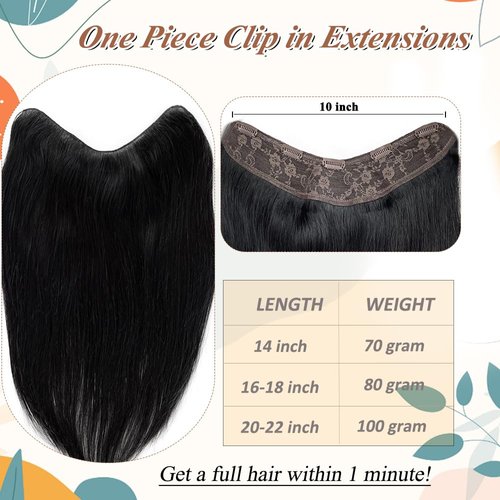 One Piece Human Hair Clip in Extensions 20 Inch 100G Black Clip in Hair Extensions Real Human Hair Black Girl Straight Double Weft Seamless Clip in Hair Extensions Human Hair V Shaped Clip ins Hair