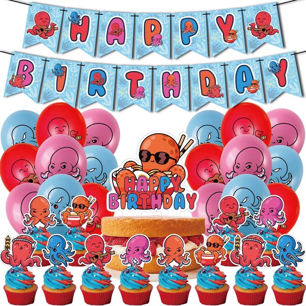 Octopus Birthday Party Supplies Cute Octopus Party Decorations Include HAPPY BIRTHDAY Banner Balloons Cake Topper Cupcake Toppers Cartoon Animals Birthday Party Decorations