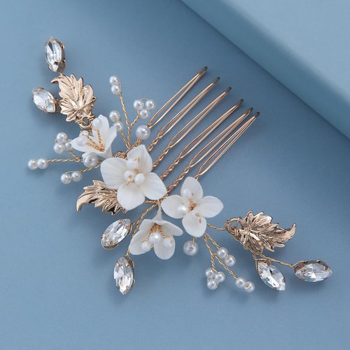 Soulshow New Soft Material Polymer Clay White Flower Wedding Hair Accessories Handmade Pearl Rhinestone Gold Wedding Hair Comb Bridal Hair Accessories