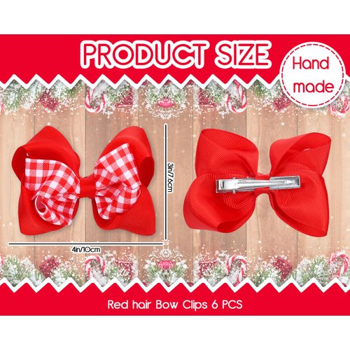 Whaline 6Pcs Red White Christmas Hair Bow Clips Red Plaid Stripe Dot Hair Barrettes Grosgrain Ribbon Alligator Clips for School Hair Accessories Xmas Party, 3 Styles