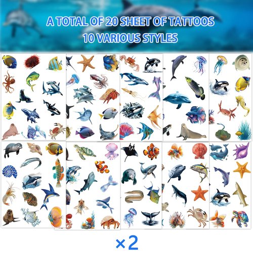 254PCS Realistic Sea Ocean Animal Temporary Tattoos Stickers, Sea Creature Sharks Whales Turtles Clown Fish Seahorse Starfish Tattoos Stickers Ocean Party Favors Under The Sea Party Favor Supplies