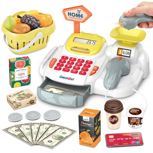 Cash Register 36PCS Supermarket Shop Toys with Electronic Sounds,Working Scanner,Calculator,Credit Card Reader,Play Food and Money Preschool Learning for Girl Boys Kids (Yellow)