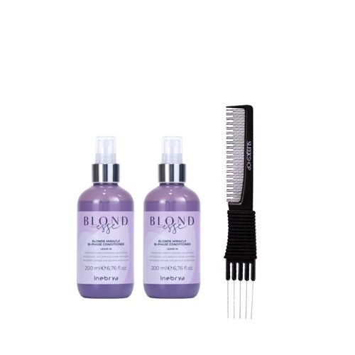 kuss Inebrya Blondesse Blonde Miracle Bi-Phase Conditioner (6.76 oz) with Teasing Comb Pack of 2, Purple