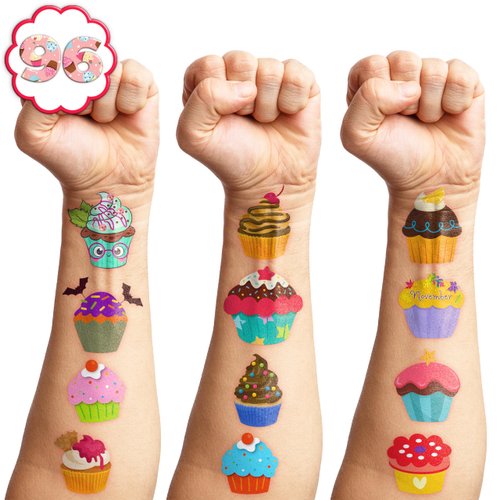 100 PCS Cupcake Temporary Tattoos Birthday Party Decorations Supplies Favors Sweet Tea Cupcake Dessert Candy Decor Tattoo Stickers Gifts For Game Boys Girls Classroom School Prizes Reward