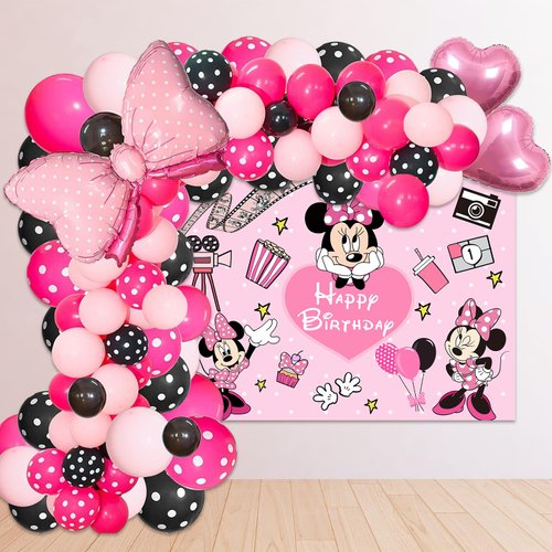 Pink Mouse Birthday Backdrop 6x4ft and Pink Mouse Color Balloon Garland Kit,116 pcs Pink Black Dot Balloon Arch with Pink Bow Balloons for Girls Mouse Theme Birthday Baby Shower Party Supplies