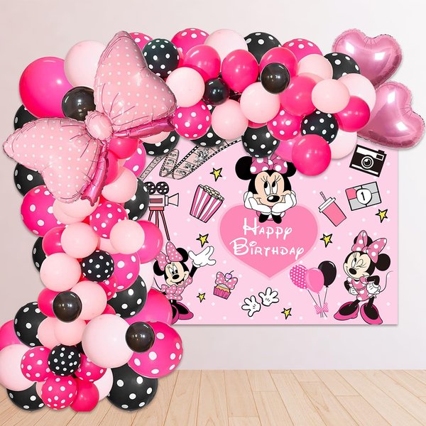 Pink Mouse Birthday Backdrop 6x4ft and Pink Mouse Color Balloon Garland Kit,116 pcs Pink Black Dot Balloon Arch with Pink Bow Balloons for Girls Mouse Theme Birthday Baby Shower Party Supplies