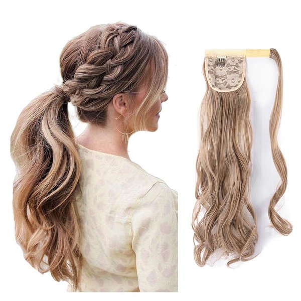 Vinzar Ponytail Extension Curly Hairpiece Claw Synbthetic Clip in Long Hair Extensions Magic Paste Hair Wraps Human Hair Pony Tail for Women (Ash Blonde-curly)