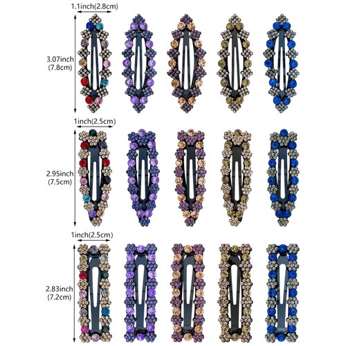 15 Pcs Rhinestone Crystal Hair Clips Fancy Snap Hair Barrettes Sparkly Glitter Diamond Hairpins Decorative Metal Hair Clips Wedding Hair Accessories for Women Girls