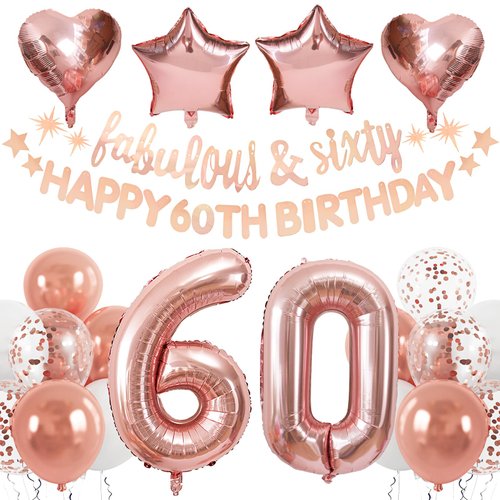 RUBFAC 60th Birthday Decorations Women, Rose Gold 60 Birthday Decor for Her, Happy Birthday Banner, Number Foil Balloon for Forty Years Old Party Supplies