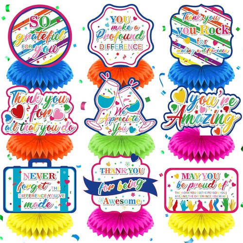 9Pcs We Appreciate You Decorations Colorful Thank You Table Honeycomb Centerpieces Appreciate Table Topper Decor for Teacher Doctor Nurse Employee Staff Graduation Appreciation Party Supplies