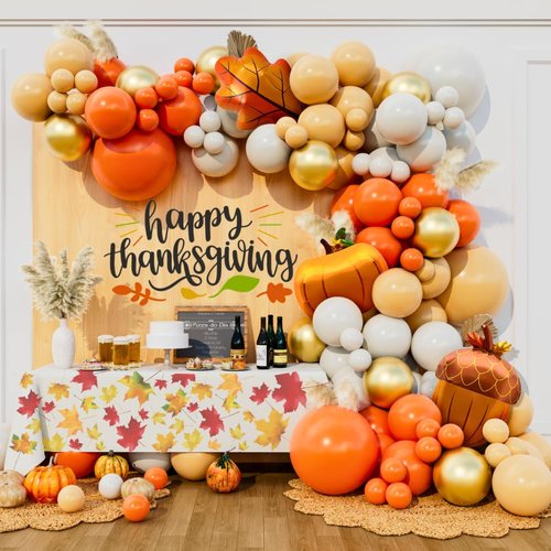 Beaumode Thanksgaving Balloon Arch Garland Kit with Mylar Balloons 142pcs for Friendsgiving Fall Harvest Little Pumpkin Baby Shower Birthday Bridal Shower Rustic Boho Orange Party decorations
