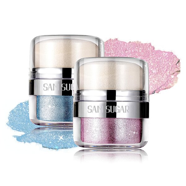 Afmicat Body Shimmer Powder, 2PCS Glitter Highlighter Powder for Face, Liquid Highlighter Blush Body Glow Shimmer Powder Fairy Brightening Makeup Stick for Eyes, Hair (2, Purple/Blue, 32 g)