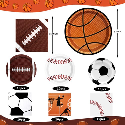 Sports Birthday Party Decorations 80Pcs Sports Party Plates and Napkins Baseball Football Soccer Basketball Rugby Disposable Paper Plates Napkins for Boy Birthday Party Decoration Supplies Favors