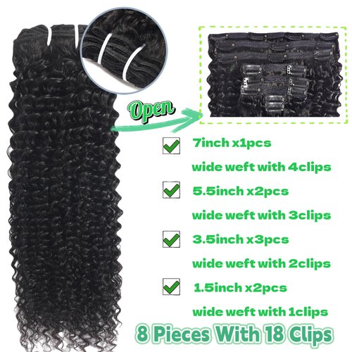 HLSK Kinky Curly Clip in Hair Extensions Human Hair for Black Women -120G 16Inch 8Pcs 18Clips Double Weft Brazilian Remy Human Hair Curly Clip in Extensions Thick to Ends Natural Black