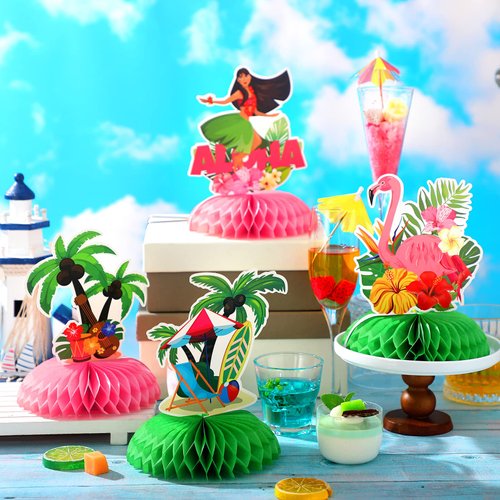 SATINIOR 12 Pcs Hawaiian Luau Table Decorations Luau Centerpieces for Tables Tropical Honeycomb Centerpieces 3D Flamingo Party Supplies Beach Palm Tree Flower Tropical Decoration for Birthday