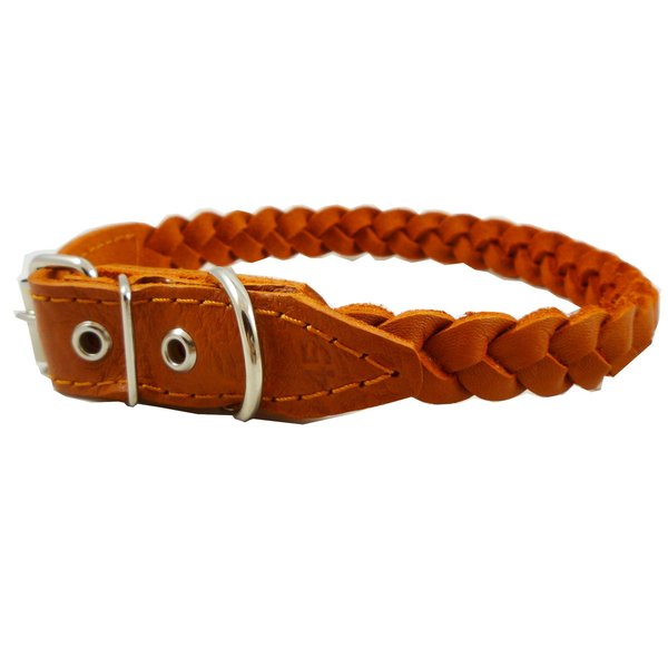Genuine Leather Braided Dog Collar 14.5"- 17" Neck, 3/4" Wide, Orange