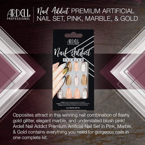 Ardell Nail Addict Premium Artificial Nail Set, Pink Marble & Gold 24-Pc, Medium-Length, Almond-Shape, DIY Press-On Nails, Quick and Easy to Use, with Glue, Cuticle Stick and Nail File