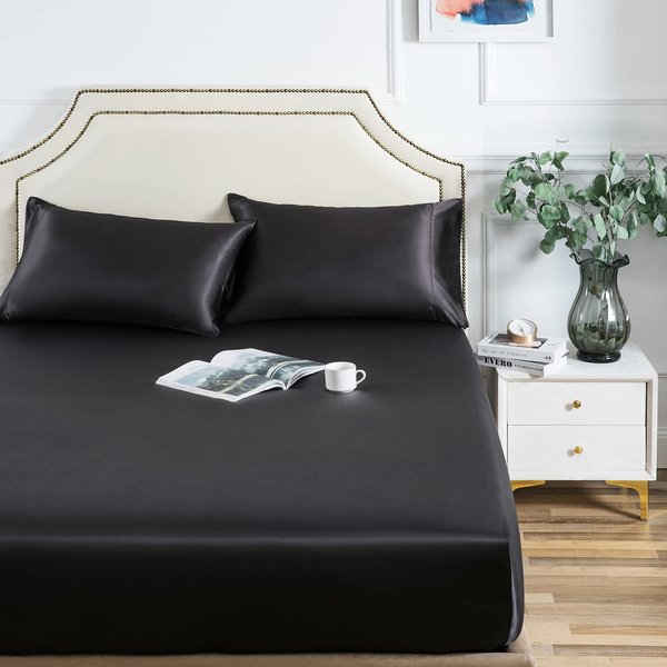 Satin Fitted Sheet, Queen Fitted Sheet Only, 1 - Piece Ultra Soft Deep Pocket Single Silk Bottom Bed Sheet Queen - Black