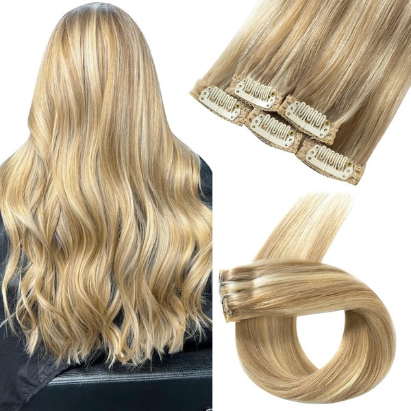 FUBILI Clip in Extensions 20 Inch Real Human Hair Light Blonde Highlighted Golden Blonde Remy Hair Extensions 5 Pieces Clip in Blonde Hair Extensions for Women 30g