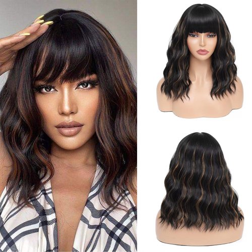 WEIWENHEE Short Wave Curly Bob Wig With Bangs-14 inch, Black Mixed Brown,Short Bob Wigs, Synthetic Wigs For Women, Natural Looking Heat Resistant Fiber Wigs