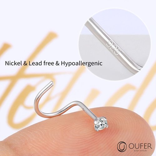 OUFER 925 Sterling Silver Nose Stud, Bone L Screw Shaped Nose Rings, 20G Nostril Solid 2mm Round CZ Nose Piercing Jewelry for Women Men