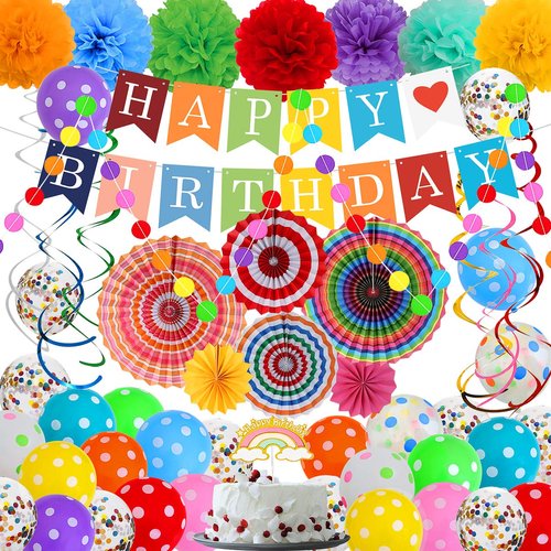 Colorful Birthday Decorations, Rainbow Party Supplies with Paper Fan Decor, Hanging Swirls, Colorful Balloons, Multicolor Happy Birthday Banner