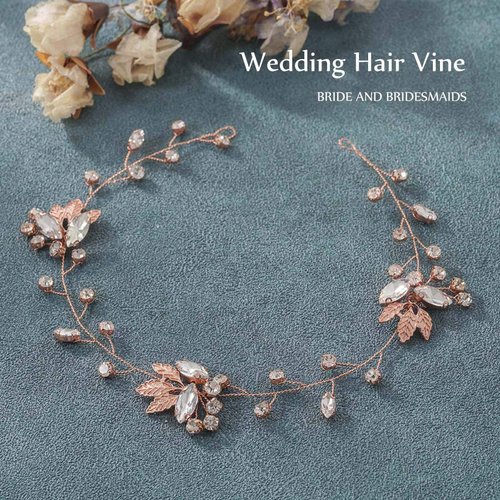EASEDAILY Rhinestone Bride Wedding Hair Vine Rose Gold Leaf Crystal Bridal Headpiece Headband Hair Accessories for Women and Girls