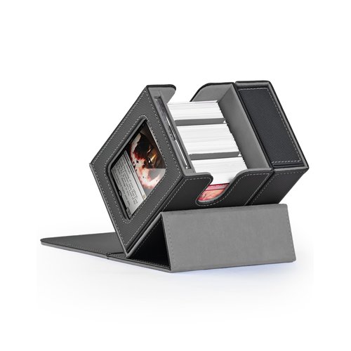 ZLCA MTG Deck Box, Commander Deck Box with Display Window, Card Deck Box Holds 100 Double-Sleeved Cards with Dice Tray & 35pt Magnetic Card Holder （Black&Grey）