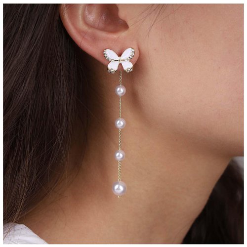 Aneneiceera Vintage Butterfly Pearl Drop Earrings Gold Pearl Chain Earrings Long Pearl Tassel Earrings White Butterfly Stud Earrings Wedding Pearl Earrings Jewelry for Women
