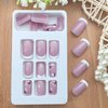 Glue on Nails Medium Length Press on Nails Square Acrylic Nails White French Tip Fake Nails Press ons Pink Full Cover Stick on Nails Flower Golden Leaves Design Artificial Nails for Girls 24Pcs