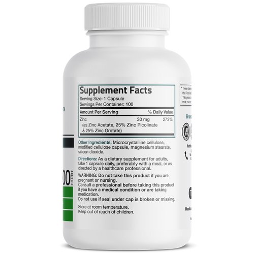 Bronson Zinc Triple Play 30 mg Triple Coverage Immune Support Zinc Supplement with Zinc Acetate, Picolinate & Orotate - Immune, Antioxidant & Skin Health Support - 100 Vegetarian Capsules