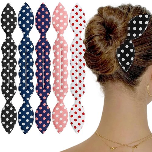 5 Pcs Deft Hair Bun Maker French Twist Donut Hair Bun Rabbit Ear Bun Twister Polka Dot Flexible Donut Quick Hair Styling Accessories for Women Girls