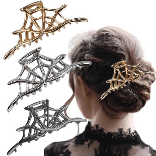 3 PACK Spider Web Hair Clips Metal Halloween Gothic Hair Accessories Hollow Out Spider Web Strong Hold Nonslip Jaw Clip for Day of the Dead Decor