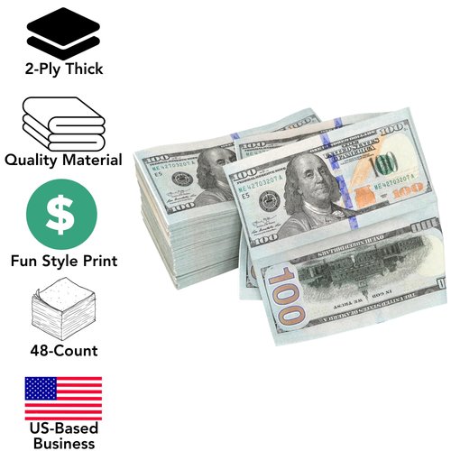 Iconikal Disposable Dinner Paper Party Napkins, $100 Dollar Bill Money, 48-Count