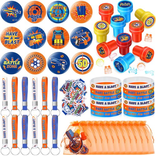 Honoson 110 Pcs Dart Battle Party Favors Supplies Battle Theme Stickers Temporary Tattoos Silicone Bracelets Keychains Badge Stamps with Organza Bags for Birthday Gifts Baby Shower Goodie Bag Fillers