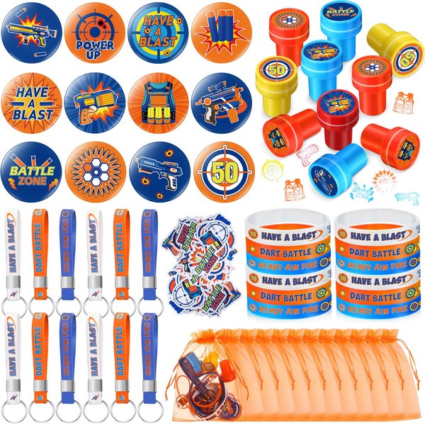 Honoson 110 Pcs Dart Battle Party Favors Supplies Battle Theme Stickers Temporary Tattoos Silicone Bracelets Keychains Badge Stamps with Organza Bags for Birthday Gifts Baby Shower Goodie Bag Fillers