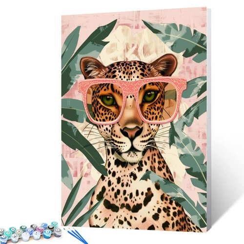 Cheetah Wearing Sunglass Paint by Numbers Kits 16x20 inch Afro Leopard Canvas DIY Oil Painting for Kids, Adults Beginner Cartoon Animal Paintwork with Brushes Home Decor Pop Art Gift(DIY Frame)