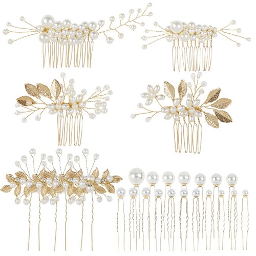 Cinaci 25 Pack Sparkly Glitter Gold Rhinestone Pearl Leaf Flower Metal Wedding Bride Bridal Metal Hair Side Combs+U-shaped Hair Pins Clips Barrettes Slide Combs Headpieces Wedding Accessories for Women Girls
