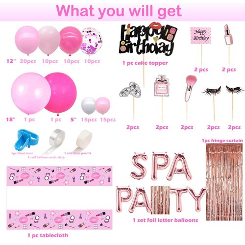 Spa Party Decorations Make Up Cake Cupcake Topper Balloons Arch Kit Pink Tablecloth Fringe Curtains for Girls Spa Party/MakeUp/Salon Theme Birthday Party Supplies Decorations