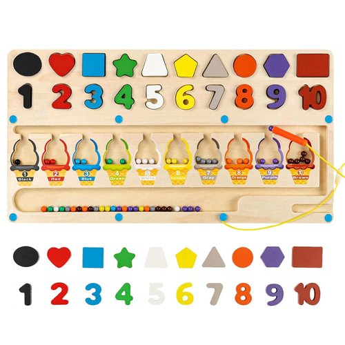VJIEAZI 3-in-1 Magnetic Color and Number Maze, Montessori Toy for Kids 3+ Year Old, Shape & Number Wooden Puzzle Board, Toddler Fine Motor Skills Preschool Educational Toys, Gifts for Boys Girls