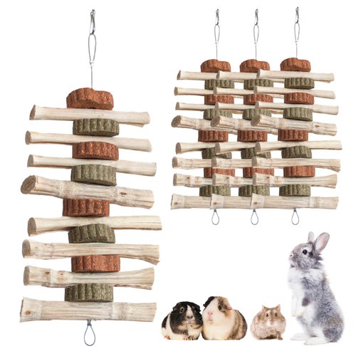 MUYG 4 PCS Rabbit Chew Toys for Teeth Grinding, Delicious Bunny Cage Hanging Chew Toys, Natural Sweet Bamboo Chew Sticks and Timothy Grass Cake Hay Treats Maintaining Healthy Teeth for Rabbits