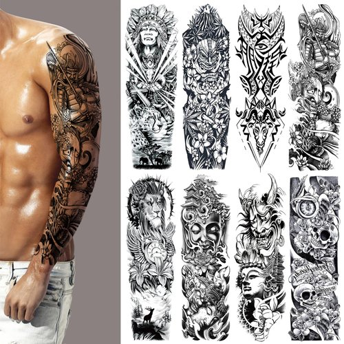 Halloween Full Arm Temporary Tattoo for Men, 8 Sheets Skull Skeleton Sleeve Tattoos Temporary, Demon Horrible Fake Tattoos That Look Real, Lion