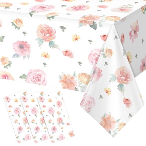 3 Pcs Spring Floral Tablecloth, Pink Wildflower Plastic Disposable Tablecloth Rectangle Table Covers for Easter, Birthday, Wedding, Baby Shower, Tea Party and Mothers Day Decorations,54 x 108 Inch