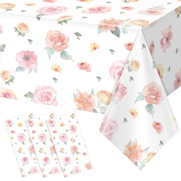 3 Pcs Spring Floral Tablecloth, Pink Wildflower Plastic Disposable Tablecloth Rectangle Table Covers for Easter, Birthday, Wedding, Baby Shower, Tea Party and Mothers Day Decorations,54 x 108 Inch