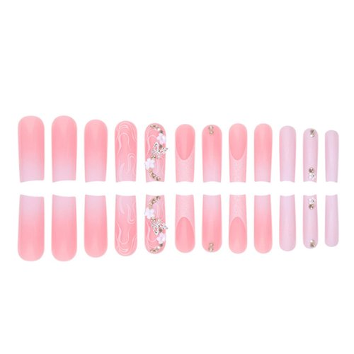 DANMANR Long Fake Nails Pink Gradeint Press on Coffin Nails Cute Full Cover Acrylic French Fake Nails for Women and Girls 24PCS